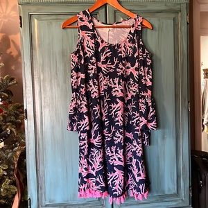 Simply Southern Corral and navy print cold shoulder dress
